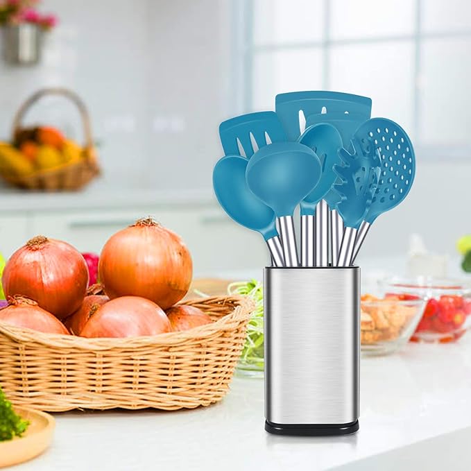 Silicone Cooking Utensil Set 8Pcs Non-stick Cookware with Stainless Steel Handle BPA Free Heat Resistant Kitchen Tools with Spatulas Turners Spoons Skimmer and Pasta Fork