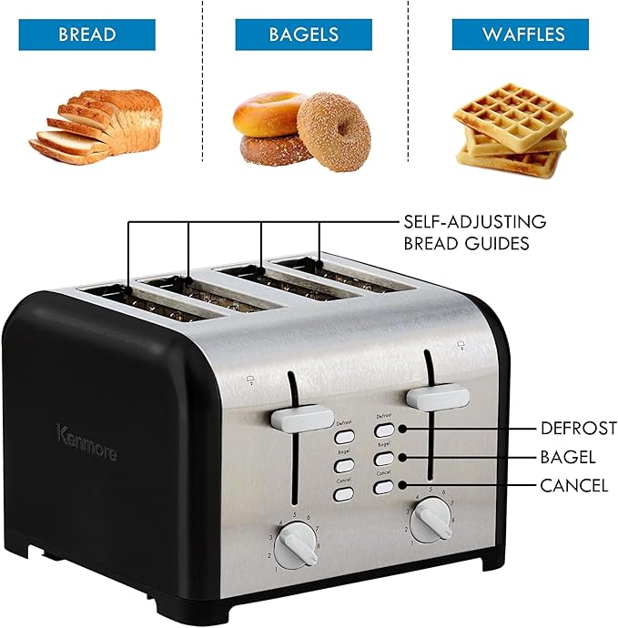 Kenmore 4 Slice Black Toaster Stainless Steel Extra Wide Slots Adjustable Browning Bagel and Defrost Settings Removable Crumb Tray Best Prime Toaster for Bread Bagel Waffles and more