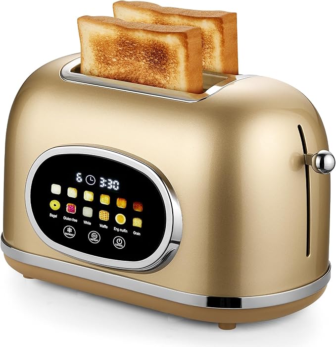Roter Mond 2 Slice Toaster Smart Touch Screen Retro Stainless Steel Bread Toaster with Digital Timer Sleep Mode Bagel Cancel and Defrost Functions 6 Bread Types and Shade Settings Gold