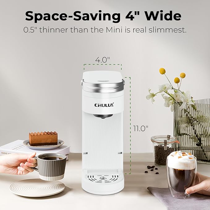 CHULUX Slim Single Serve Coffee Maker for K Pod One Cup Coffee Maker Fits 7.3 Travel Mugs Coffee Machine with 6 to 12oz Brew Sizes Pearl White