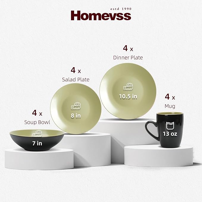 Stoneware Two-Tone Colors Life 16pc Dinner SetOutside Shiny Black + Inside Matte Glaze Olive