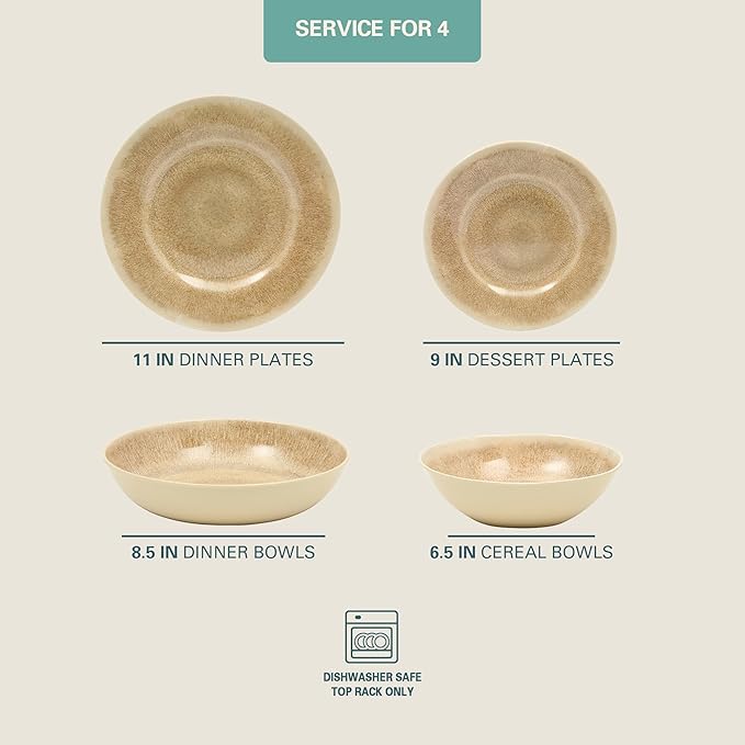 Gibson Home Casper Court 16-Piece Melamine Dinnerware Set – Beige Reactive Glaze Look Plates and Bowls Service for 4 – Top Rack Dishwasher Safe Everyday Dining Set