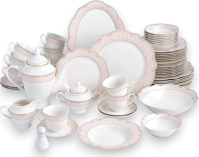 Bone China Dinnerware Set Alexandra 8-person 57-piece Blush Pink and Gold Color