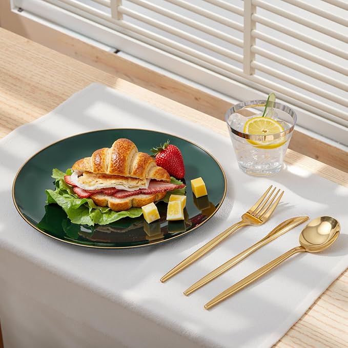 bUCLA 150PCS Green Plastic Plates - Green and Gold Disposable Include 25 Each (Dinner &amp Dessert) Plates 25 Knives 25 Forks 25 Spoons and 25 Cups Ideal for Party&ampChristmas