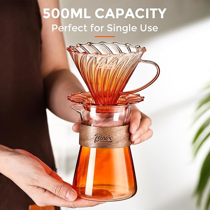 Bincoo Pour Over Coffee Maker Set - 500ML Glass Coffee ServerGlass Carafe with Coffee Dripper and 50PCS Paper Filter Drip Coffee Maker Set for Home Café Restaurant (Orange)