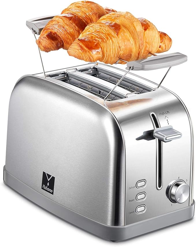 Yabano Retro Bagel Toaster - 2 Slice 2 Extra Wide Slots 7 Shade Settings Defrost/Bagel/Cancel Removable Crumb Tray Stainless Steel Silver