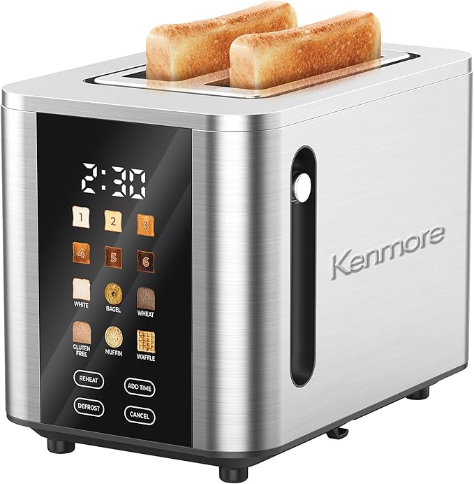 Kenmore 2-Slice Toaster - Color Touch Screen &amp 6 Shade Settings Extra Wide Slots Digital Countdown Timer Customizable Smart Presets Reheat Defrost Add Time Functions Stainless Steel