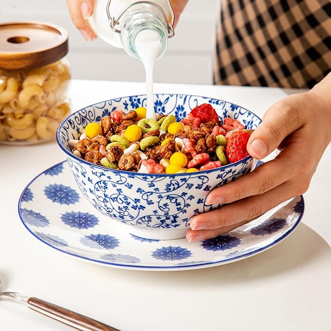 18 Pieces Ceramic Dinnerware - 12 Oz Dessert Bowls and 10.5 Inch Dinner Plates and 24 Oz Cereal Bowls Sets - Service for 6 - Vintage Blue