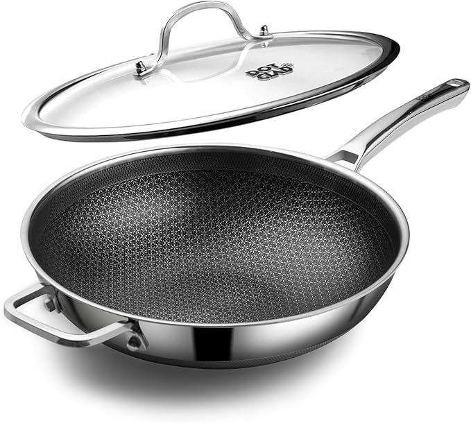 Wok panHybrid 13 inch Wok with Lid PFOA Free Cookwarenon stick Stainless Steel Woks &amp Stir-fry pans Nonstick Dishwasher and Oven Safe Works on Induction