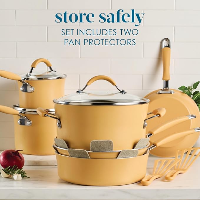 Rachael Ray Cucina Ceramic Cookware Set - 13 Pieces - Ceramic Pots and Pans Set w/Nonstick Frying Pans Saute Pan Saucepans Stockpot Lids Pan Protectors &amp Cooking Utensils - Turmeric