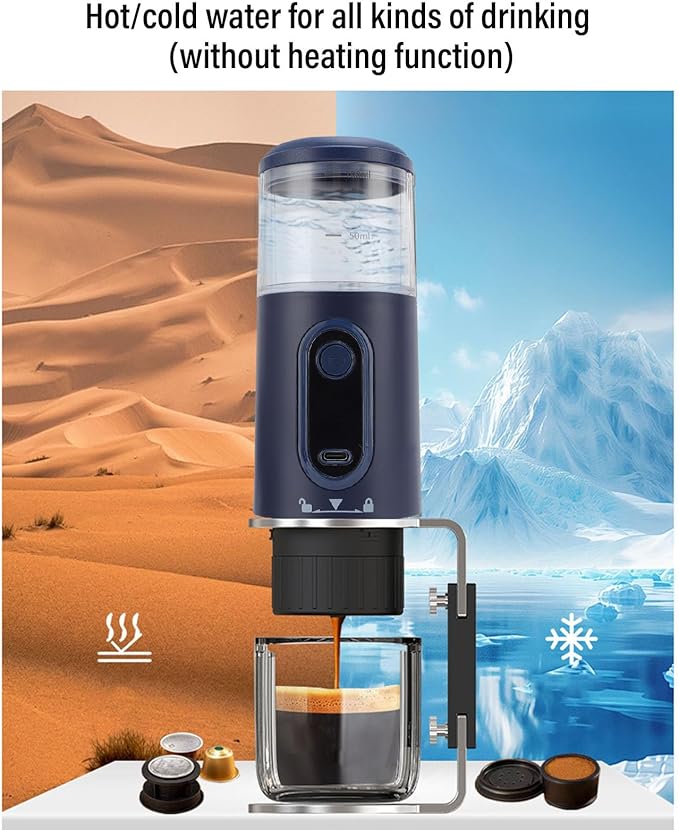Tyenaza Portable Coffee Maker Coffee Machine Compatible Ground Coffee Rechargeable Travel Capsule Coffee Maker for Outdoor Car Camping Hiking (Navy Blue)