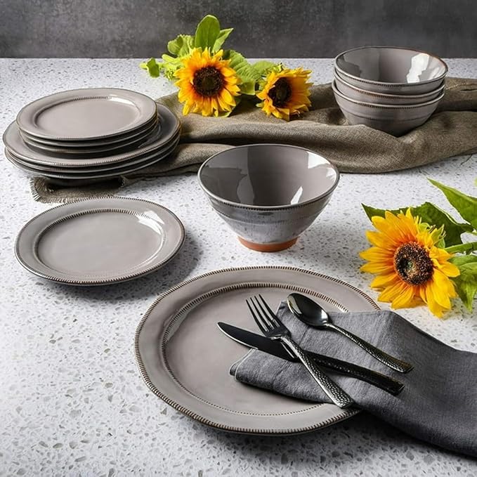 12-Piece Terracotta &amp Stoneware Dinnerware Set – Hand-Painted Artisanal Plates &amp Bowls Reactive Glaze Finish Dishwasher &amp Microwave Safe (Gray)