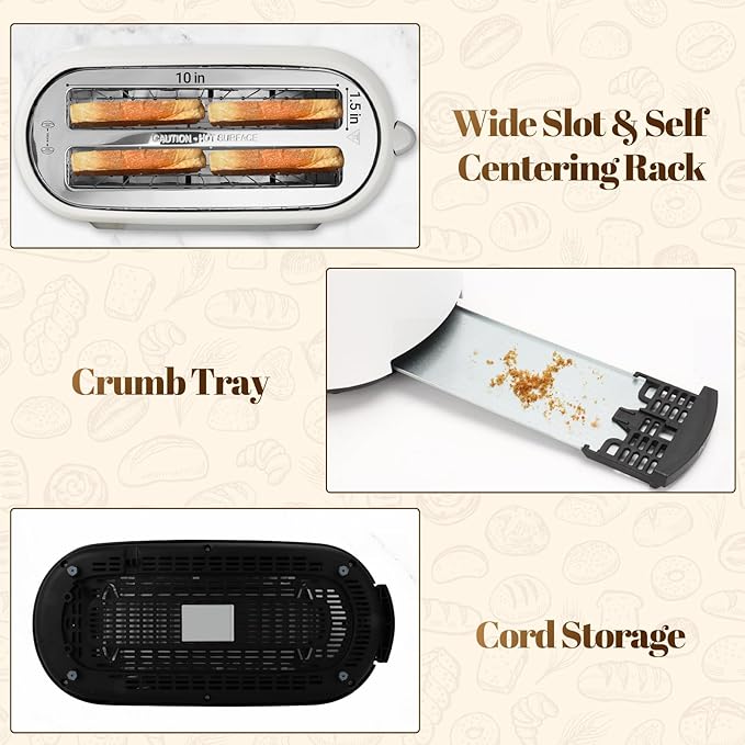 4 Slice Toaster with Touch Screen Control 1.5 Wide Long Slots 6 Browning Levels &amp 6 Bread Types Digital Timer Memory Defrost Reheat (WHITE)