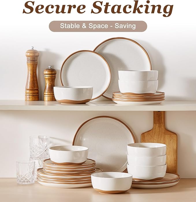 24 Piece Dinnerware Sets for 8 - Farmhouse Ceramic Plates and Bowls Sets - Scratch Resistant Stoneware Dishes Set Dishwasher &amp Microwave Safe Stack Compactly Dishware - Vintage White