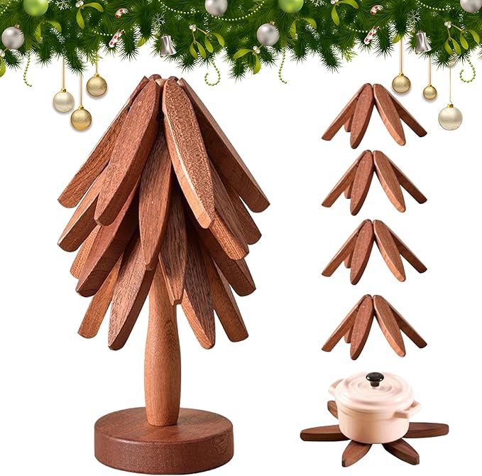 Wooden Trivets for Hot Dishes Tree Shape Trivet Set Foldable Kitchen Wooden Trivets Tree Coaster for Hot Dishes、Pot、Bowl、teapot、hot Pot Holders (4 Piece-Walnut)
