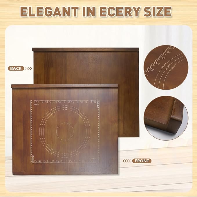 24 x 20 Reversible Wooden Pastry Board Wood Pasta Board with Lip Bread Board Cutting Board Chopping Board Pie Board with Engraved Ruler for Counter Top Kitchen-Brown