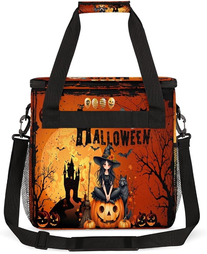 Witch Pumpkin Bats Moon Halloween Coffee Maker Carring Bag Travel Carrying Storage Tote Bag Compatible with Keurig K-Mini or K-Mini Plus Portable Single Serve Coffee Brewer Case with Pockets
