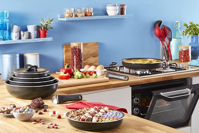 Tefal Ingenio Easy On 10 Piece Set Pots &amp Pans Set Stackable Easy Cleaning Non-Stick Coating Removable Handle Heat Indicator All Hobs Compatible Except Induction L1599143