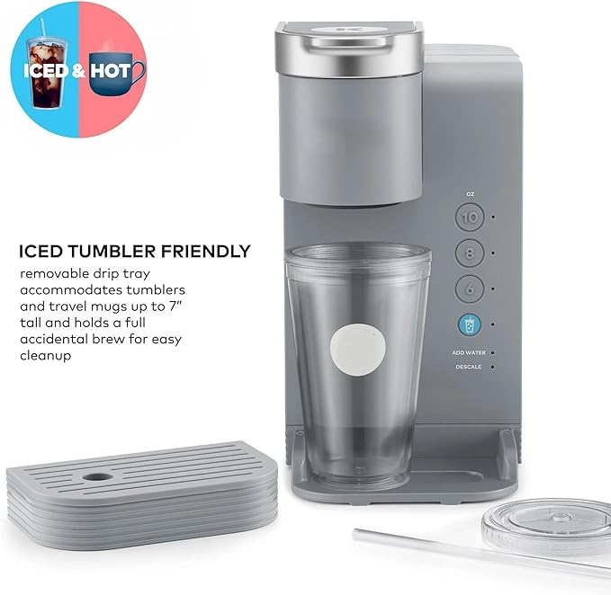KeurigK -Express Essentials Plus Iced &amp Hot Single Serve Brewer Adjustable Temp Brew Over Ice Pods Compatible Coffee Maker (Gray)