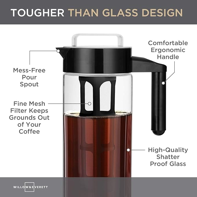 Willow &amp Everett Cold Brew Coffee &amp Iced-Tea Maker Pitcher 1.3 L Glass Dispenser Metal &amp Plastic Lid Mesh Filter Iced Coffee &amp Sun Tea Brewing System