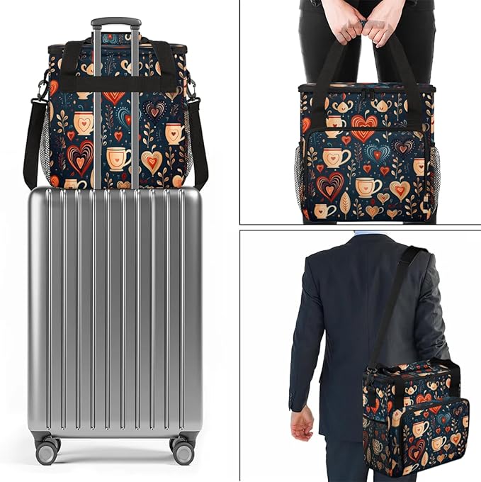 Coffee Heart Leaf Coffee Maker Travel Bag for Keurig K-Mini/K-Mini Plus Insulated Waterproof Tote with Pockets for K-Cup Portable Single-Serve Brewer Case
