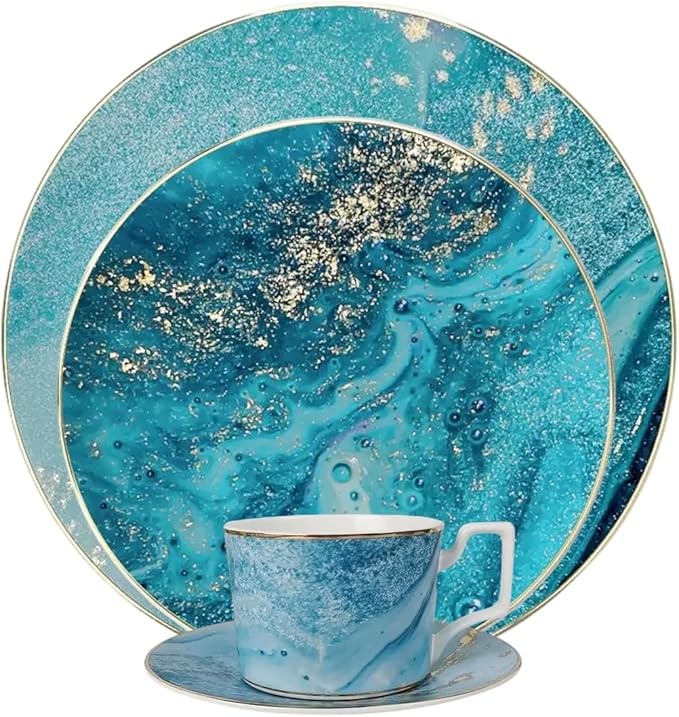 Romantic countryside Bone China Dinnerware Sets Service for 6Delicate afternoon tea Dinnerware SetSteak Dinner Plates Dish Set Includes coffee cupBlue Ocean