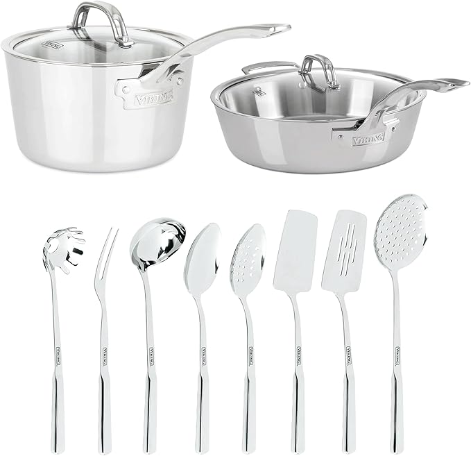 Viking Stainless Steel Kitchen Essentials Bundle – 3-Piece Cookware Set with 8 Cooking Utensils 4.8 Qt Sauté Pan &amp Lid 3.4 Qt Sauce Pan &amp Lid – Induction Ready Oven &amp Dishwasher Safe
