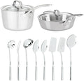 Viking Stainless Steel Kitchen Essentials Bundle – 3-Piece Cookware Set with 8 Cooking Utensils 4.8 Qt Sauté Pan &amp Lid 3.4 Qt Sauce Pan &amp Lid – Induction Ready Oven &amp Dishwasher Safe