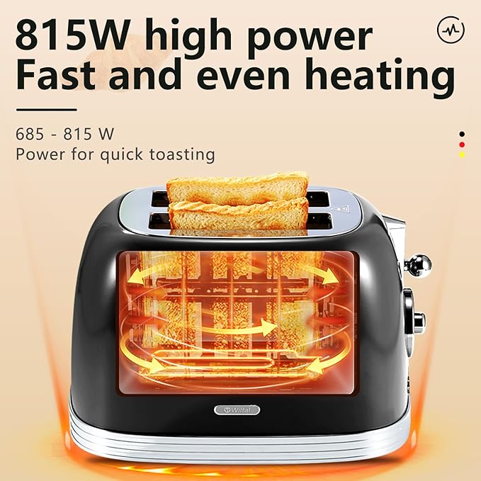 Glossy Black Cute Retro Toaster 2 Slice with 1.58 Wide Slots Bread toaster with Cover and Warm Rack Stainless Steel Toaster with Removable Crumb Tray Preheat Defrost Cancel Function