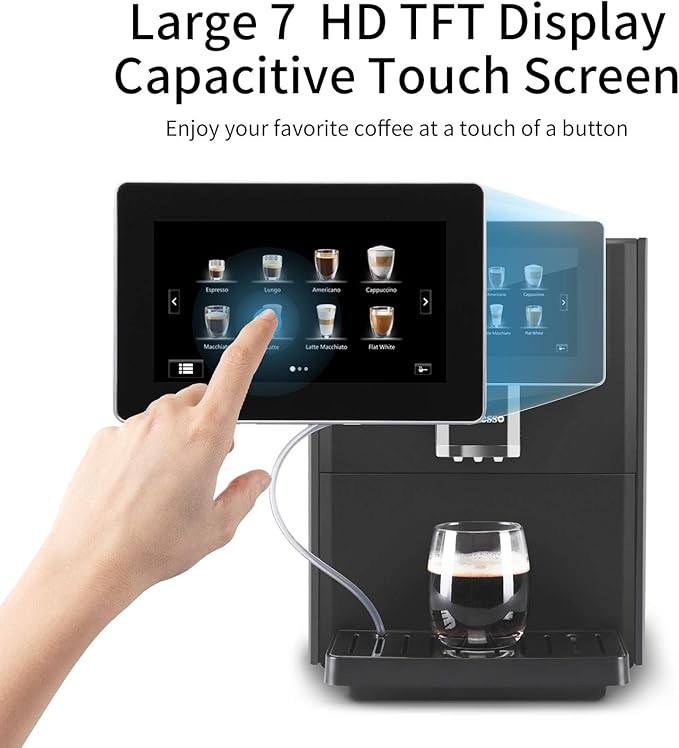 Hipresso Super Fully Automatic Espresso Coffee Machine-7 HD TFT Touchscreen with Milk Frother 19 Bar Pressure