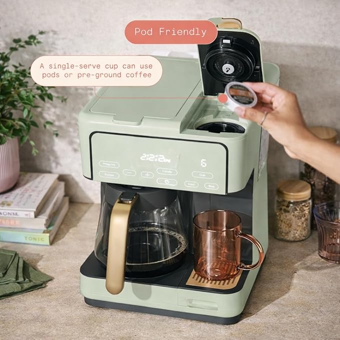 Multi Brew Coffee Maker with Single Serve and Carafe Brewing Options for Countertop Home Use (Sage Green)