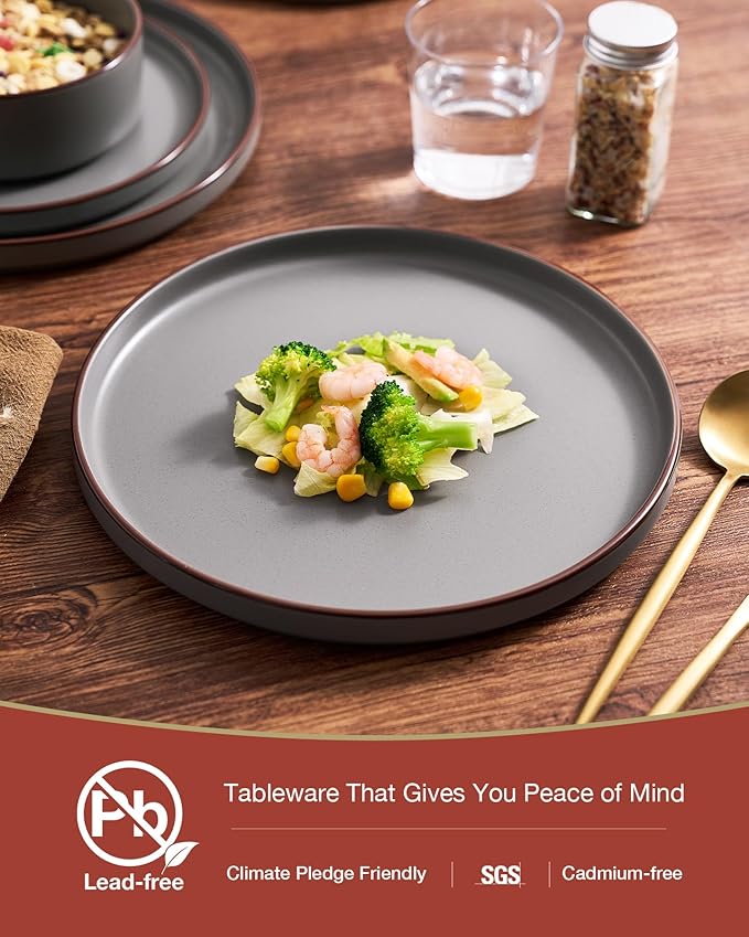 Famiware Nebula Ridge Stoneware Dinnerware Sets for 8 24 Pieces Plates and Bowls Sets Dishes Set Microwave and Dishwasher Safe Kitchen Plates Dark Gray