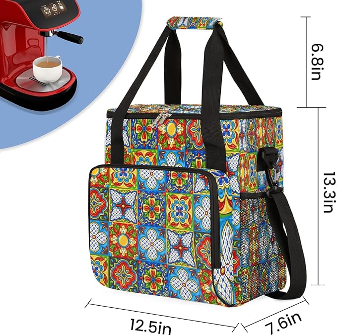 Ethnic Mexican Colorful Flowers Plaid Coffee Maker Carrying Bag Coffee Machine Travel Storage Tote Bag Compatible with K-Mini or K-Mini Plus Portable Single Serve Coffee Brewer Case with Pockets