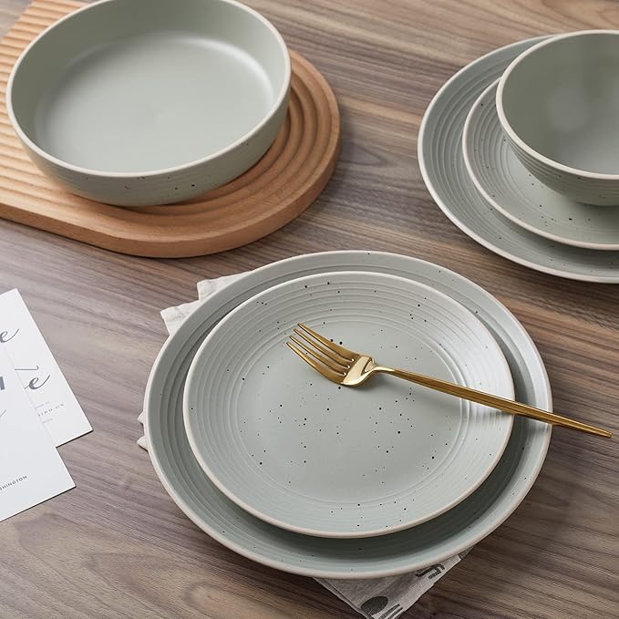 Stone Lain Lauren Stoneware Rustic Plates and Bowls Set Dinnerware Service for 8 Speckled Green Dishwasher &amp Microwave Safe 32-Piece