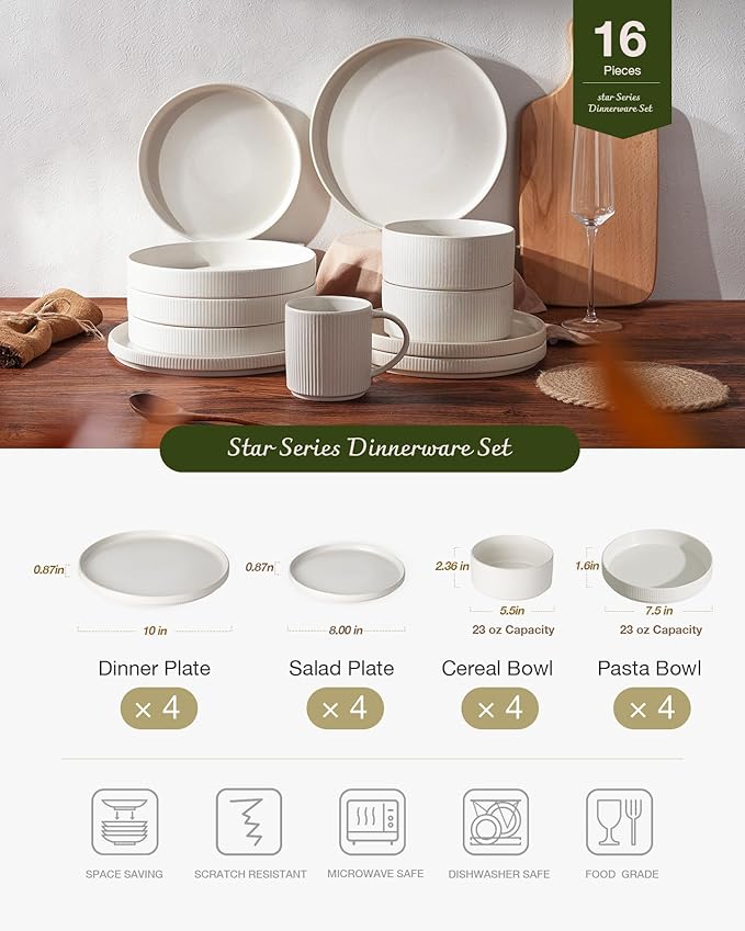 Famiware Star Dinnerware Set with Pasta Bowls Service for 4 (16pcs) Ribbed Stoneware Plates and Double Bowls Dishes Sets - Chip &amp Scratch Resistant Microwave &amp Dishwasher Safe Matte White