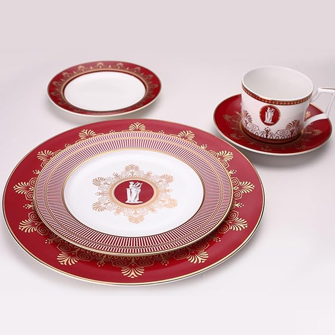 European Style Dinnerware Set Service for 4 Bone China Dinnerware Sets Unbreakable Porcelain Dinner Sets Coffee Cup and Saucer Tableware Set Steak Dinner Plates Dish Set Brilliant red