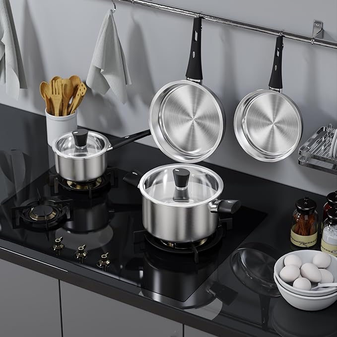 6-Piece Stainless Steel Pots and Pans Set Kitchen Cookware Set with Stay-Cool Handles Compatible with Gas Electric &amp Induction Dishwasher Safe Non-Toxic &amp Durable for Everyday Cooking