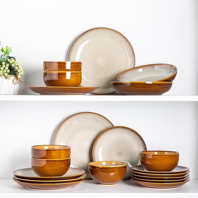 LERATIO Ceramic Dinnerware Sets for 8Stoneware Plates and Bowls SetsHandmade Reactive Glaze Dishes SetChip Resistant and Scratch Resistant | Oven&ampDishwasher &amp Microwave Safe-Kahki (28PCS)