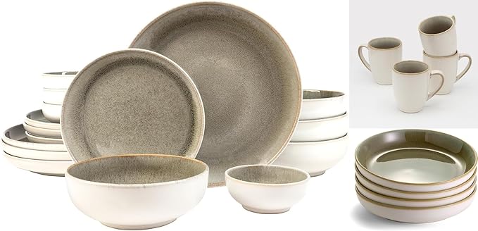 Sango Resona Moss 24-Piece Green Dinnerware Set – Service for 4 Plate Mug &amp Bowl Set Durable Stoneware with Reactive Glaze Finish for Everyday Dining &amp Entertainment Microwave &amp Dishw