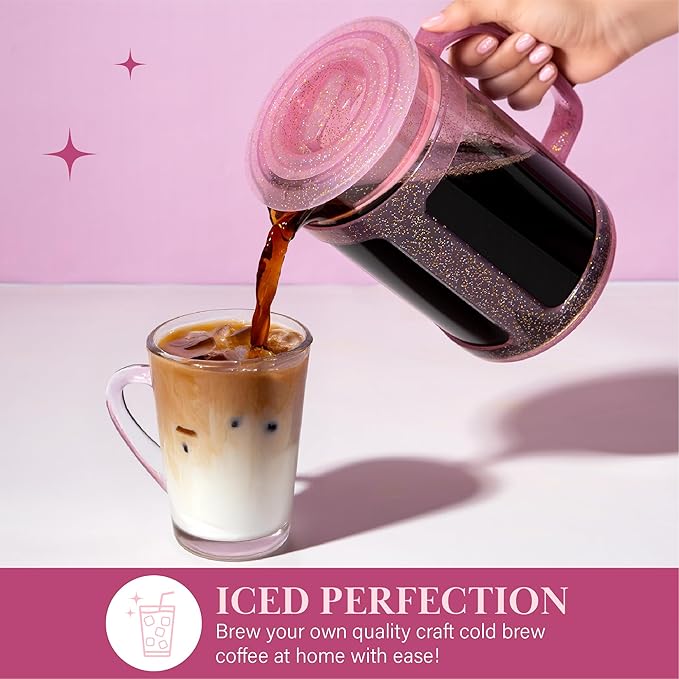 Paris Hilton Cold Brew Coffee Maker Durable 1.6 Quart Borosilicate Glass Carafe with Stainless Steel Filter Glitter Pink 38 oz