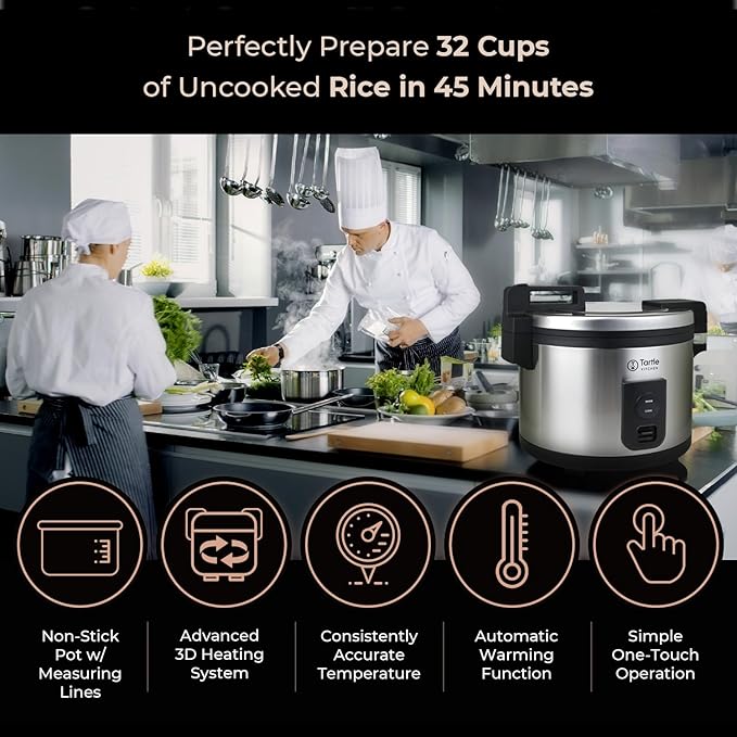 Commercial Stainless Steel Rice Cooker - Professional 64 Cup Cooked (32 Cup Uncooked) Rice Maker Cooker With Non Stick Pot &amp Hinged Lid - Includes a Rice Measuring Cup &amp Rice Scoop