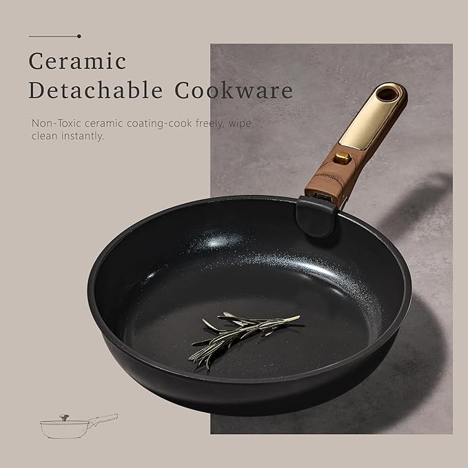CAROTE 15Pcs Ceramic Cookware Set Pots and Pans Set Non stick Kitchen Cooking Set with Detachable Handle Non Toxic Induction Cookware Dishwasher/Oven Safe PFAS Free Black&ampGold