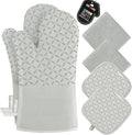 KEGOUU Oven Mitts and Pot Holders 6pcs Set Kitchen Oven Glove High Heat Resistant 500 Degree Extra Long Oven Mitts and Potholder with Non-Slip Silicone Surface for Cooking （Greenish Gary）