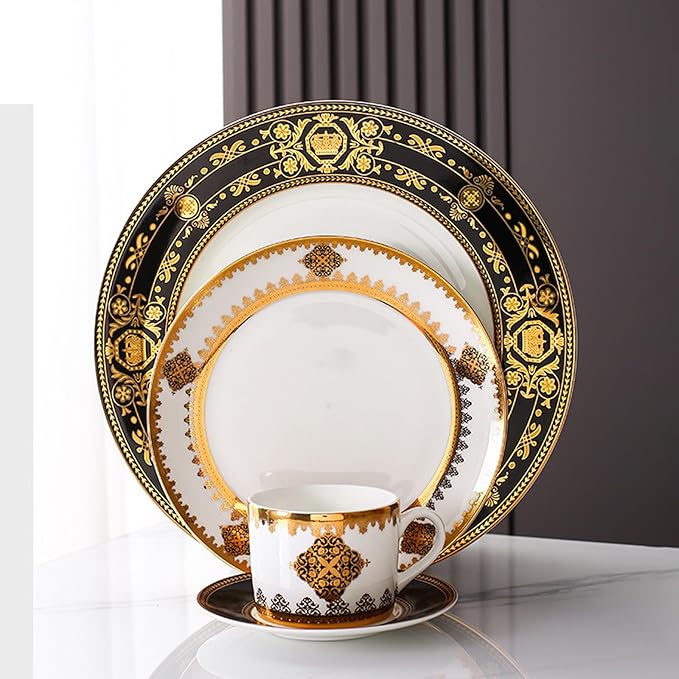 European Style Dinnerware Set Service for 4 Bone China Dinnerware Sets Unbreakable Porcelain Dinner Sets Coffee Cup and Saucer Tableware Set Steak Dinner Plates Dish Set Black bone china-06