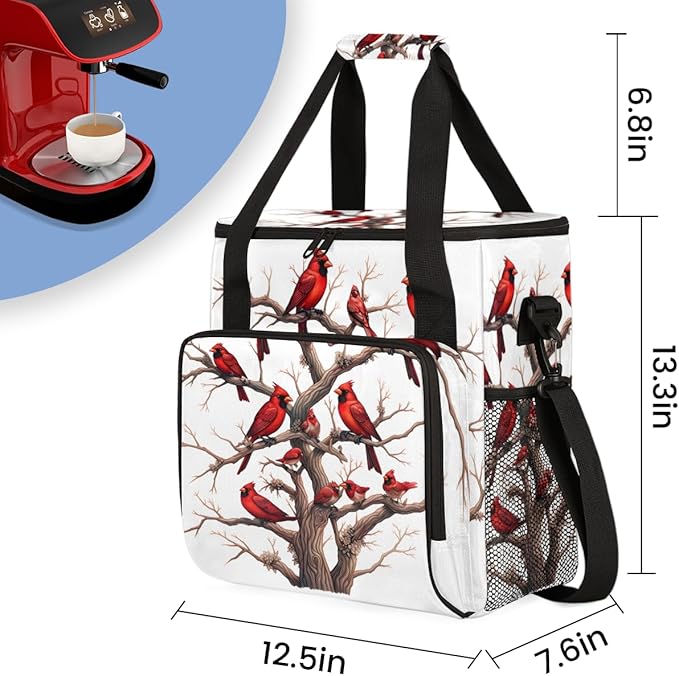 Winter Xmas Coffee Maker Carrying Bag Cardinal Bird Travel Storage Bag Compatible with K-Mini or K-Mini Plus Single Serve Coffee Brewer Carrying Case with Multiple Pockets &amp Shoulder Strap