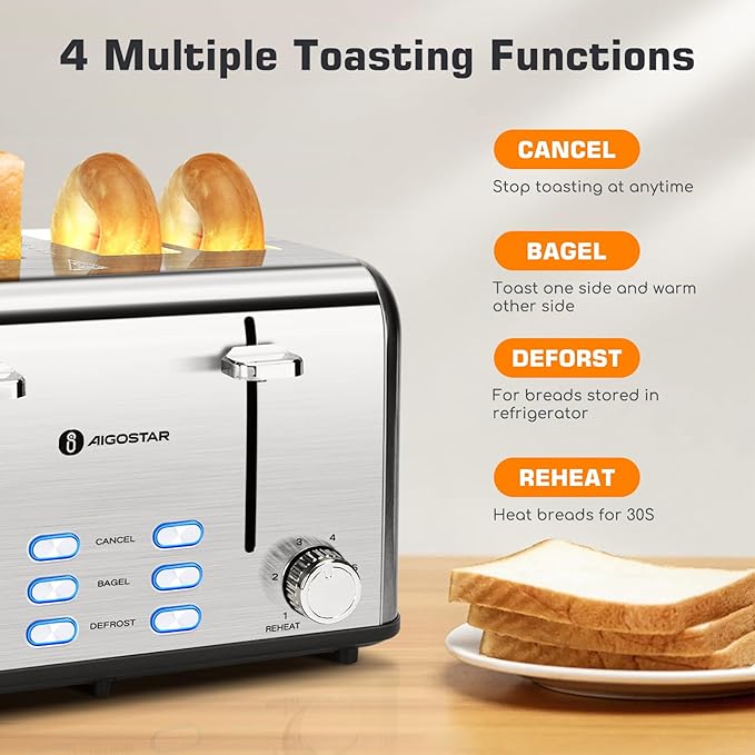 Aigostar Toaster 4 Slice 1.6 Wide Slot Stainless Steel Toasters with Bagel Reheat Cancel Defrost Function and Electric Kettle 1.7L Electric Tea Kettle with LED Illumination