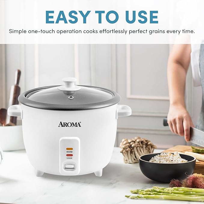 AROMA® Rice Cooker 8-Cup (Uncooked) / 16-Cup (Cooked) Pot-Style Rice Cooker and Soup Warmer with One-Touch Control 4 Qt White ARC-368NG