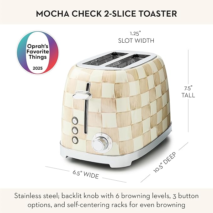MACKENZIE-CHILDS 2-Slice Toaster Decorative Toaster for Kitchen Brown-and-White Mocha Check