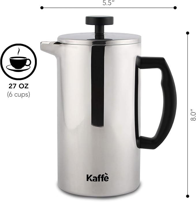 Kaffe Stainless Steel French Press Coffee Maker (27oz / 0.8L) - Double-Wall Insulated Coffee Press - Travel &amp Camping - Homemade French Press Coffee