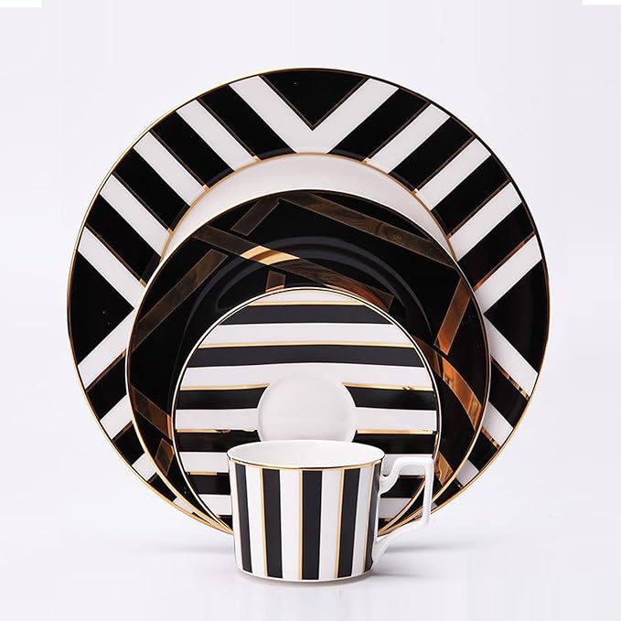 8 Piece Bone China Dinnerware Set Black - White Gold Geometric dishes set with Coffee Cup Oven &amp Dishwasher Compatible